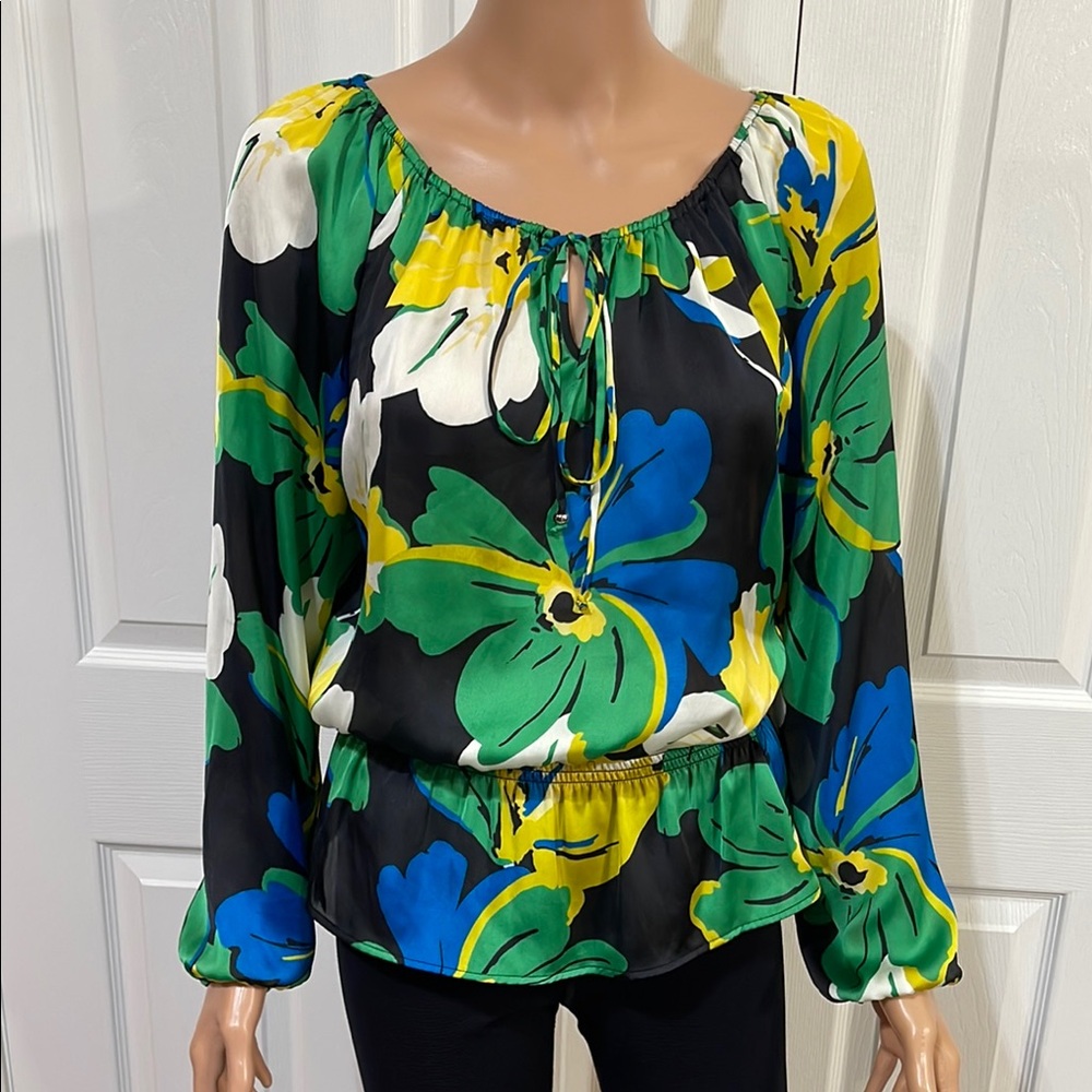 Ellen Tracy Green and Blue Relaxed Tie Front Blouse